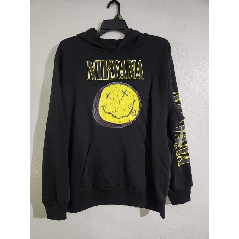Nirvana Hoodie Mens XL Black Smiley Face Graphic Sweatshirt Sleeve Print NWT New